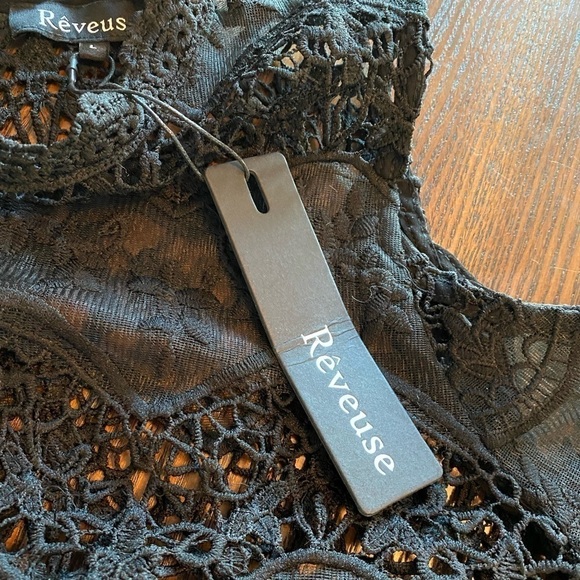 REVEUSE WOVEN TOP Black Bell SLEEVE womens large cold shoulder crochet - Picture 14 of 16